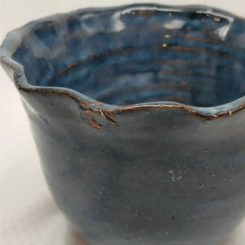 Studio Pottery Planter Blue Glaze Scalloped Edge Footed Hand Thrown Signed 5-In